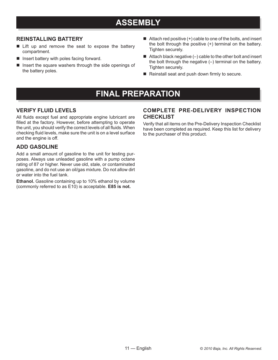 Final preparation, Assembly | Baja Motorsports AT150SS Assembly Guide User Manual | Page 11 / 24