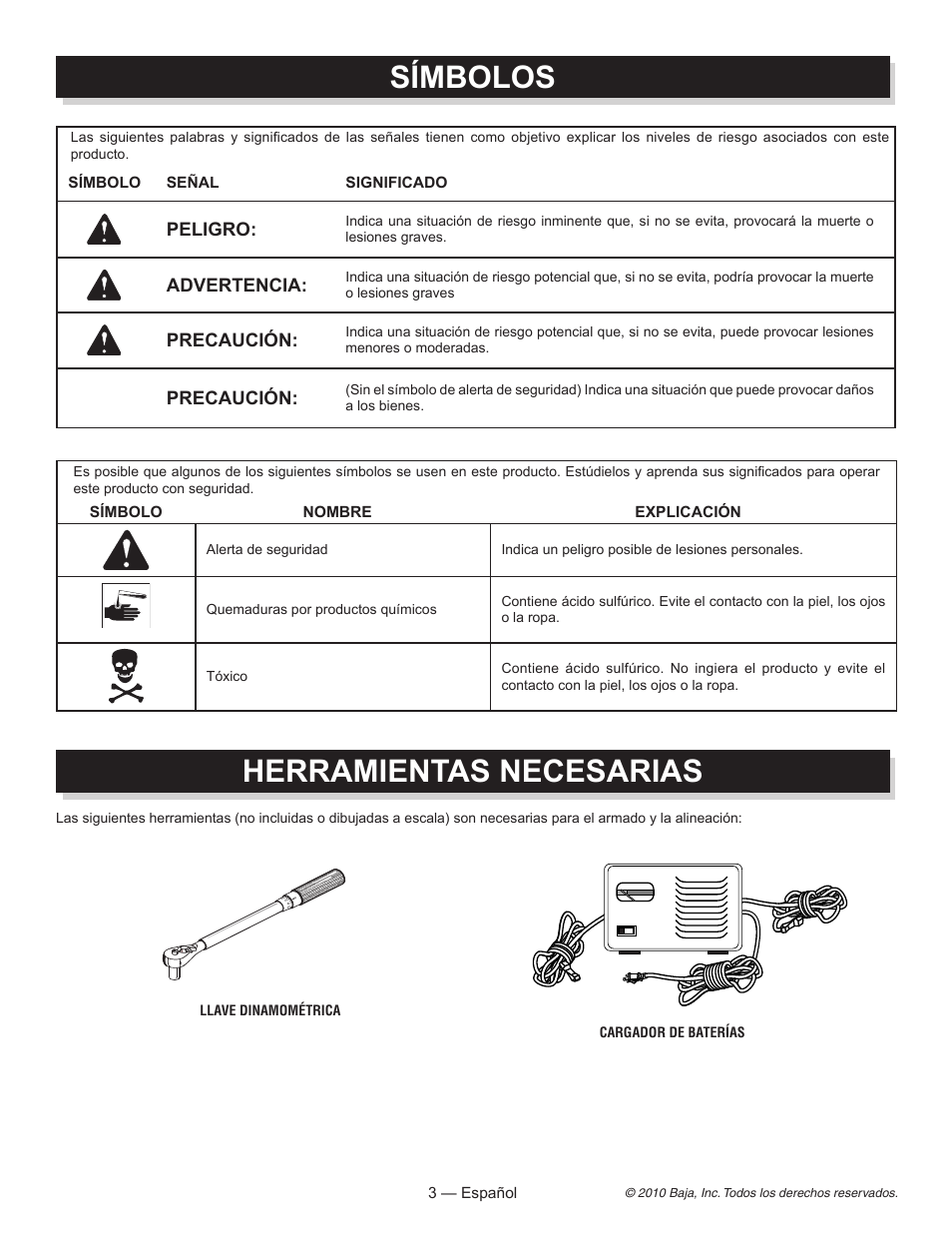 Símbolos herramientas necesarias, Peligro, Advertencia | Precaución | Baja Motorsports AT150SS Assembly Guide User Manual | Page 14 / 24