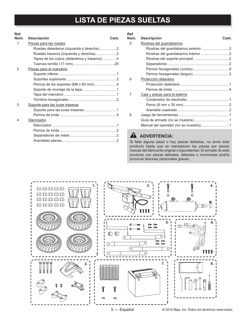 Lista de piezas sueltas | Baja Motorsports AT150SS Assembly Guide User Manual | Page 16 / 24