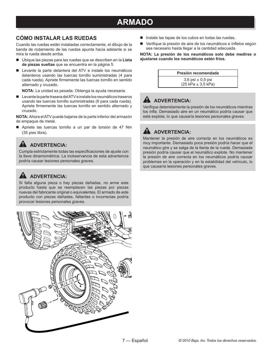 Armado, Cómo instalar las ruedas | Baja Motorsports AT150SS Assembly Guide User Manual | Page 18 / 24