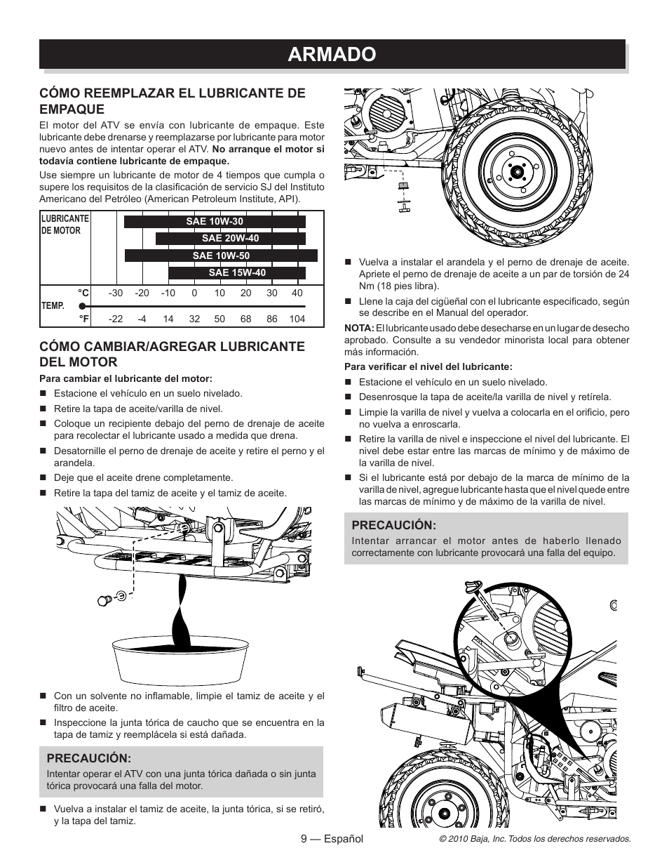 Armado, Cómo reemplazar el lubricante de empaque, Cómo cambiar/agregar lubricante del motor | Baja Motorsports AT150SS Assembly Guide User Manual | Page 20 / 24