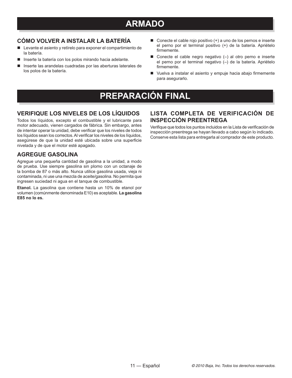 Preparación final, Armado | Baja Motorsports AT150SS Assembly Guide User Manual | Page 22 / 24