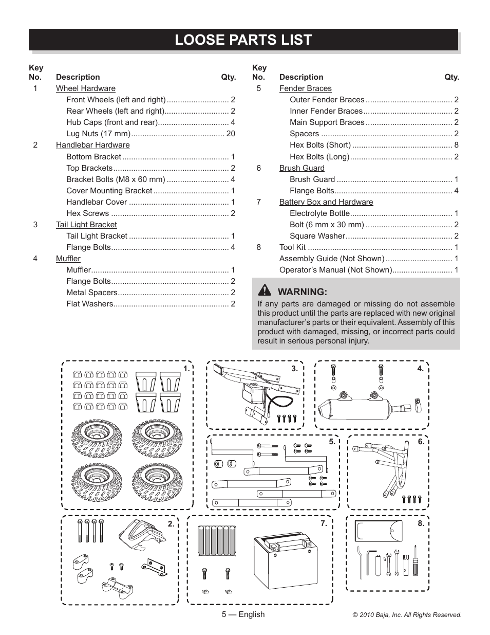 Loose parts list | Baja Motorsports AT150SS Assembly Guide User Manual | Page 5 / 24