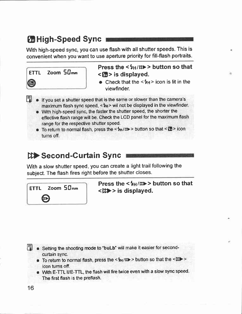 Press the button so that, 09high-speed sync, Second-curtain sync | Canon Speedlite 430EX User Manual | Page 16 / 40