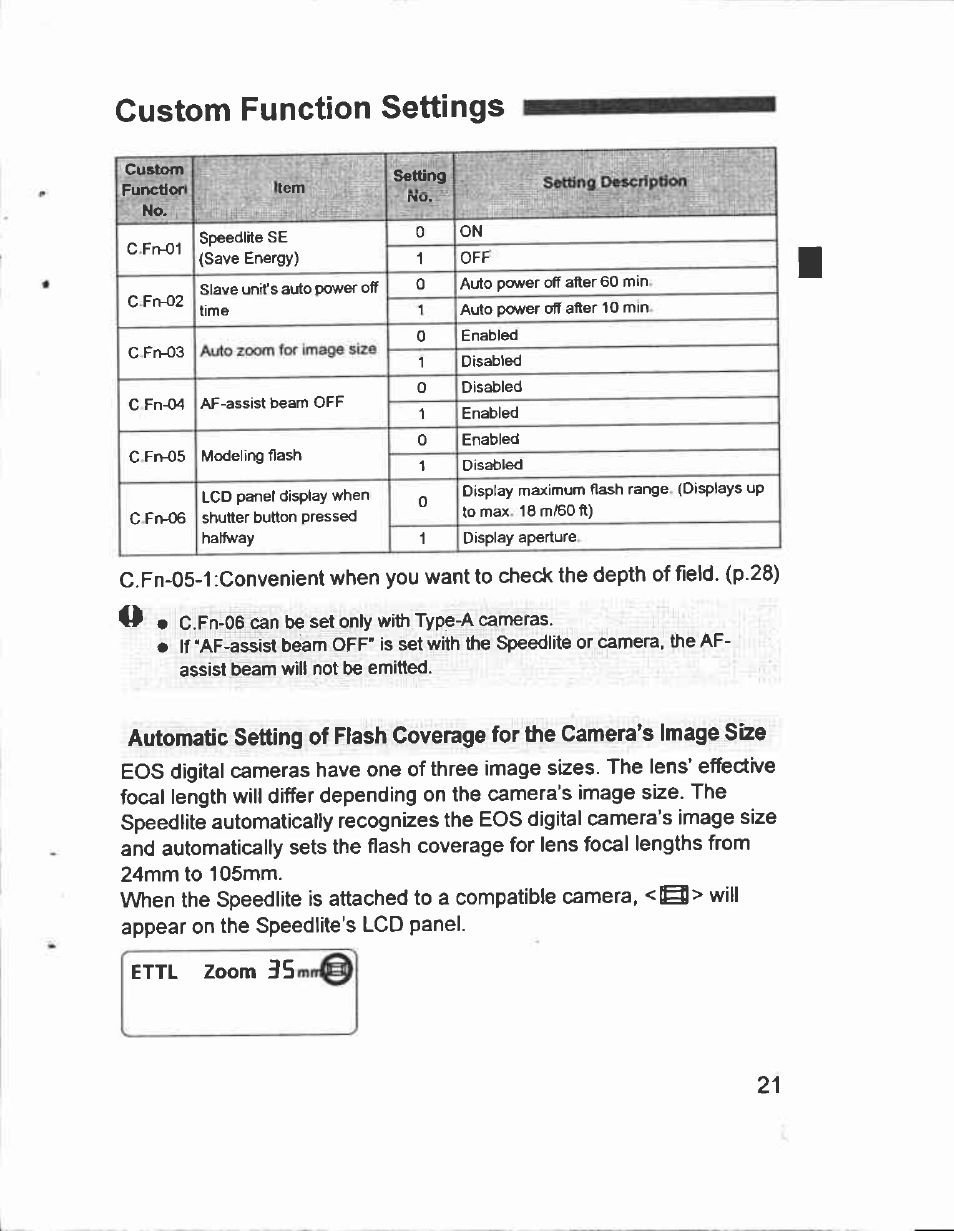 Custom function settings | Canon Speedlite 430EX User Manual | Page 21 / 40