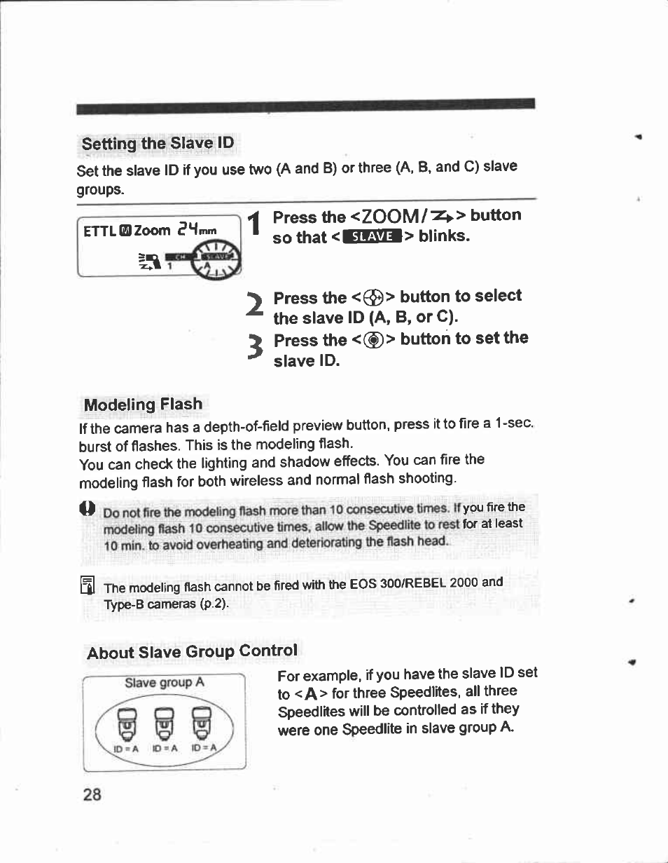 Setting the slave id, Modeling flash, About slave group control | Canon Speedlite 430EX User Manual | Page 28 / 40