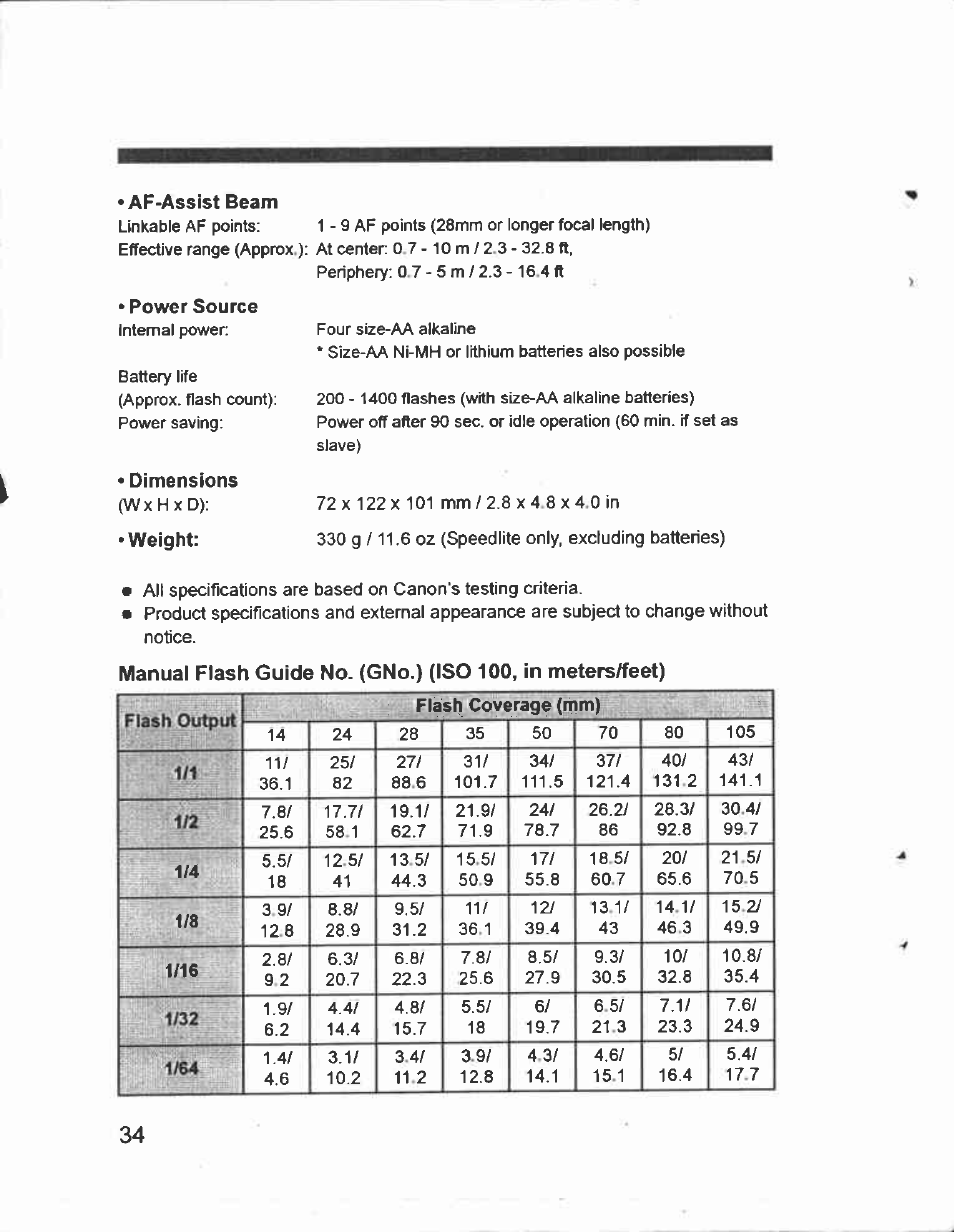 Af-assist beam, Power source, Dimensions | Weight | Canon Speedlite 430EX User Manual | Page 34 / 40