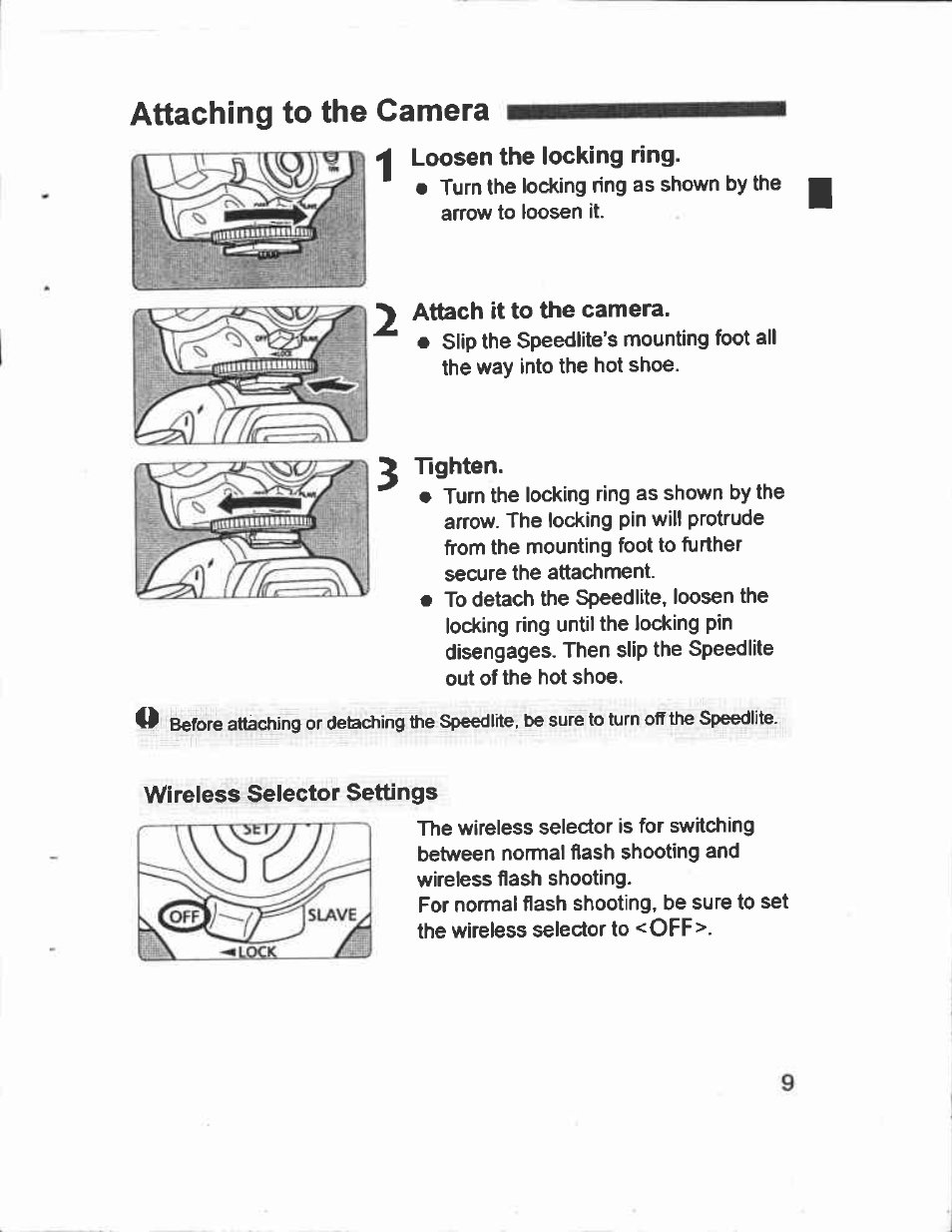 Attach it to the camera, Tighten, Wireless selector settings | Attaching to the camera | Canon Speedlite 430EX User Manual | Page 9 / 40