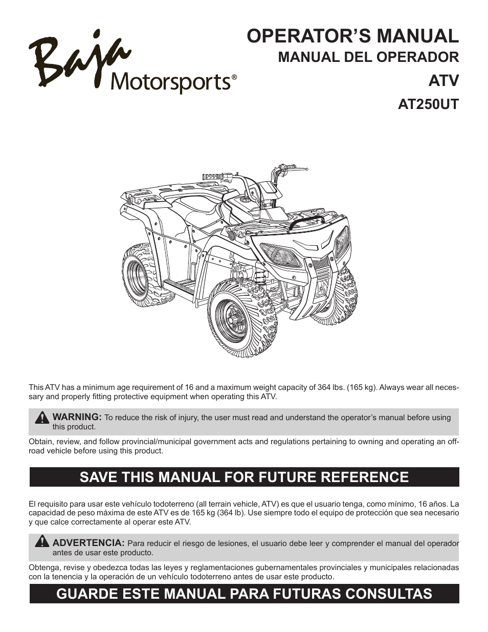 Baja Motorsports AT250UT Operator's Manual User Manual | 64 pages