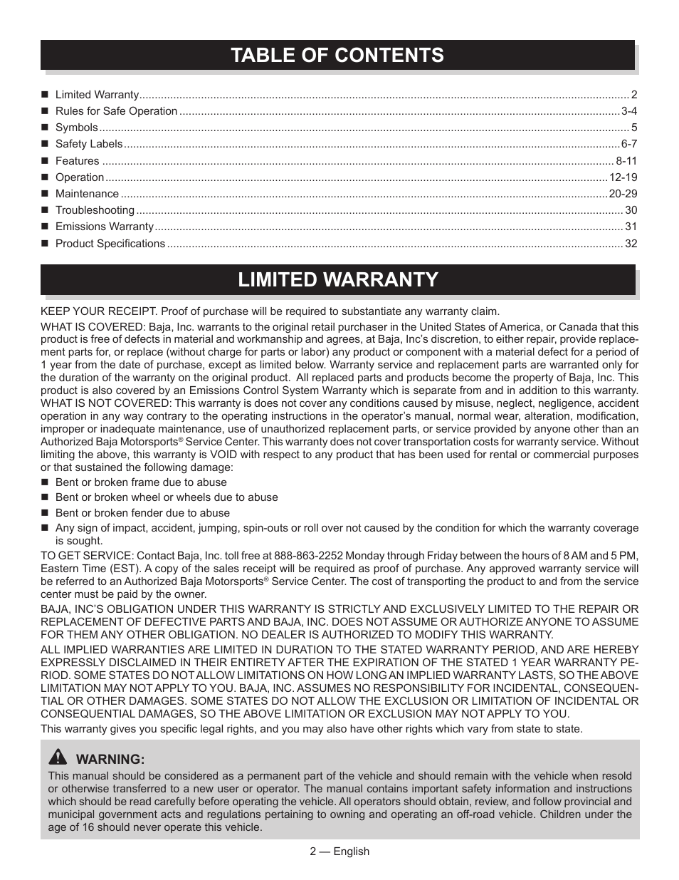 Baja Motorsports AT250UT Operator's Manual User Manual | Page 2 / 64