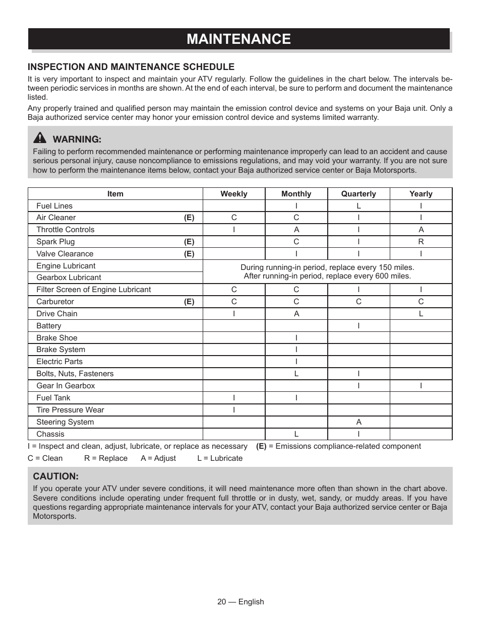 Maintenance | Baja Motorsports AT250UT Operator's Manual User Manual | Page 20 / 64