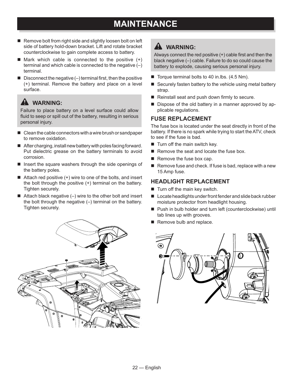 Maintenance | Baja Motorsports AT250UT Operator's Manual User Manual | Page 22 / 64