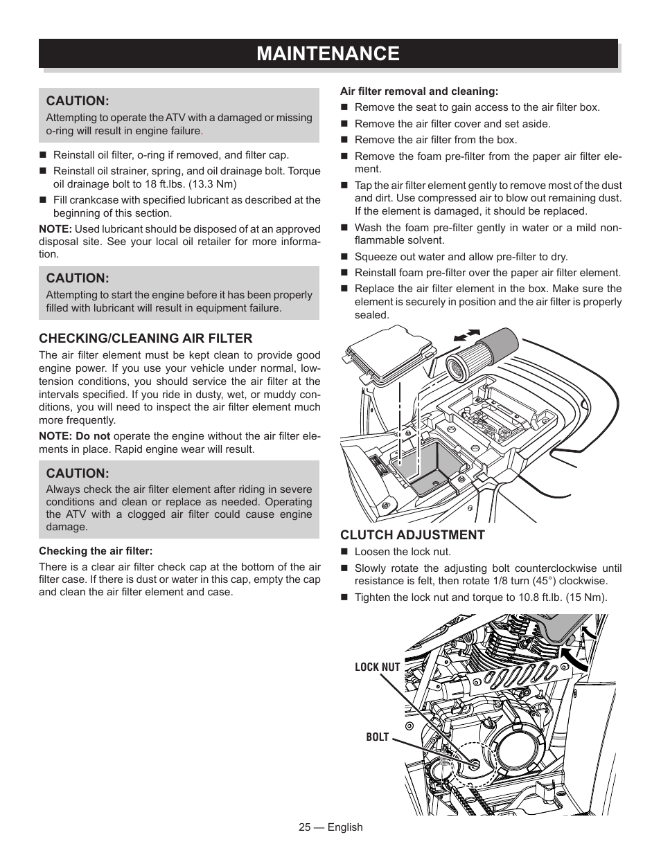 Maintenance | Baja Motorsports AT250UT Operator's Manual User Manual | Page 25 / 64