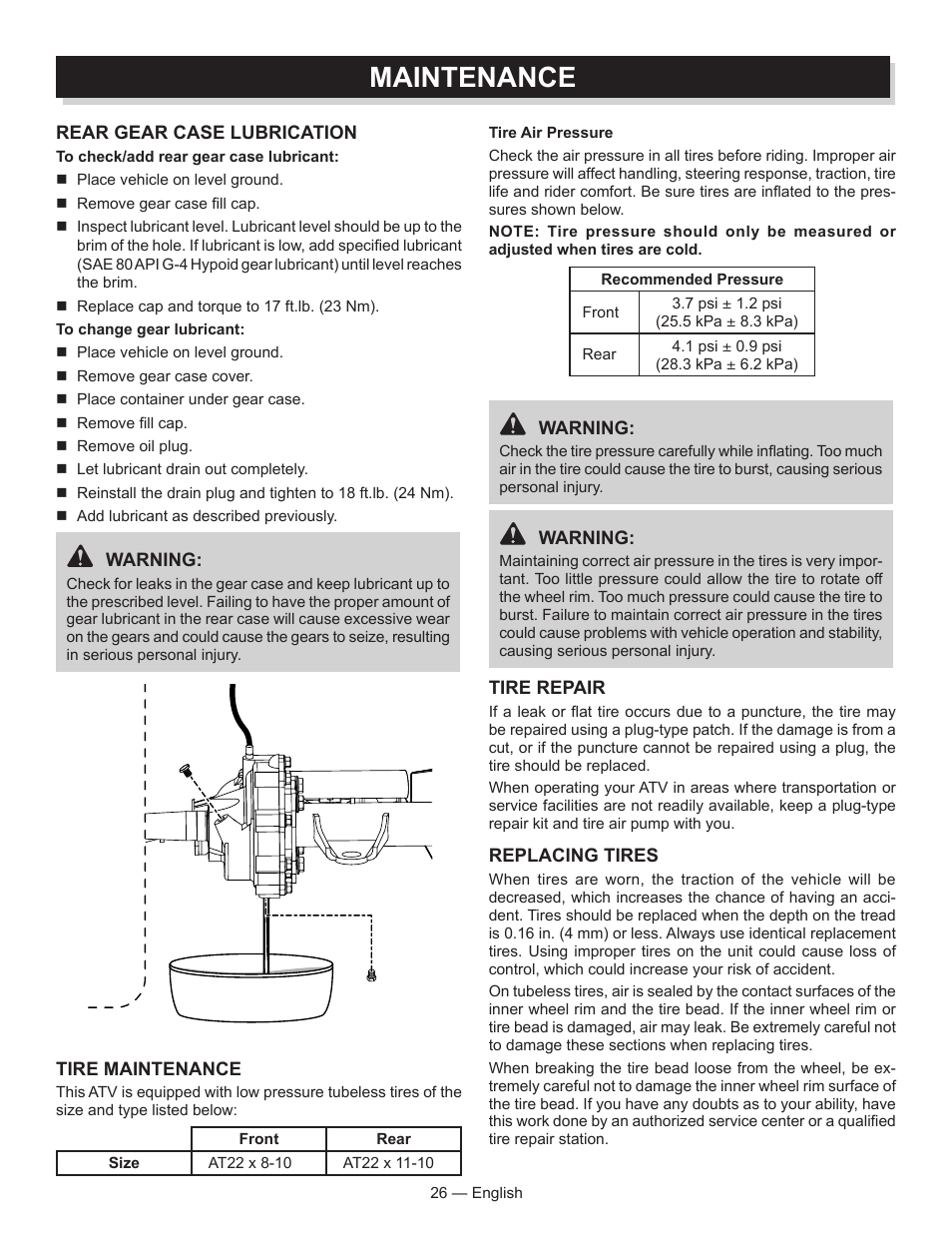 Maintenance | Baja Motorsports AT250UT Operator's Manual User Manual | Page 26 / 64