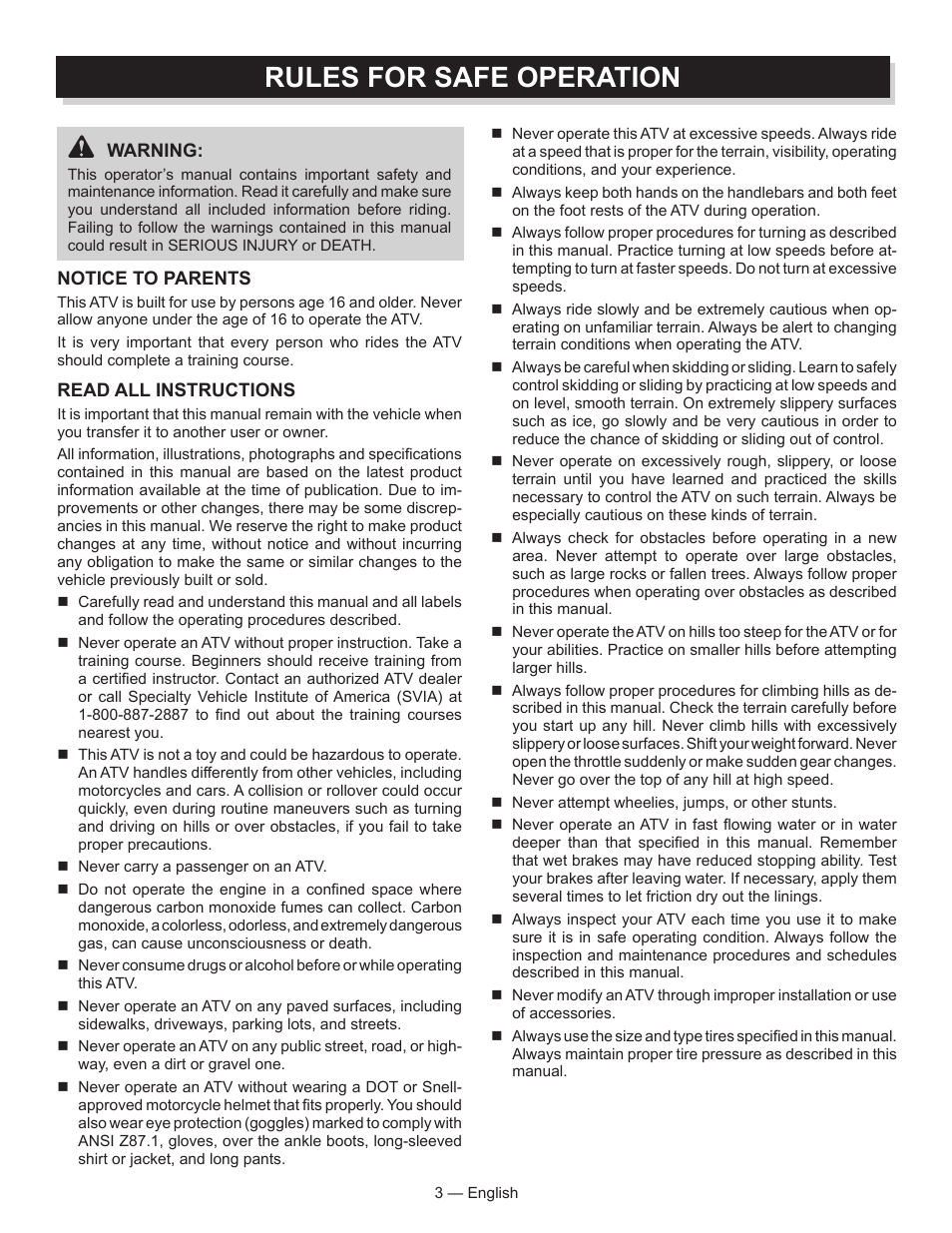 Rules for safe operation | Baja Motorsports AT250UT Operator's Manual User Manual | Page 3 / 64