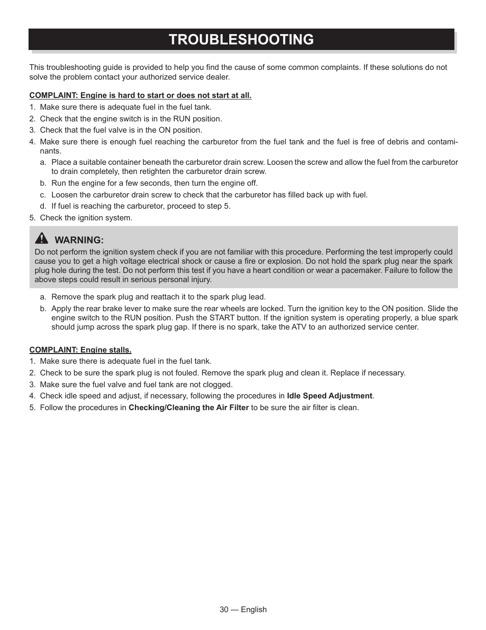 Troubleshooting | Baja Motorsports AT250UT Operator's Manual User Manual | Page 30 / 64