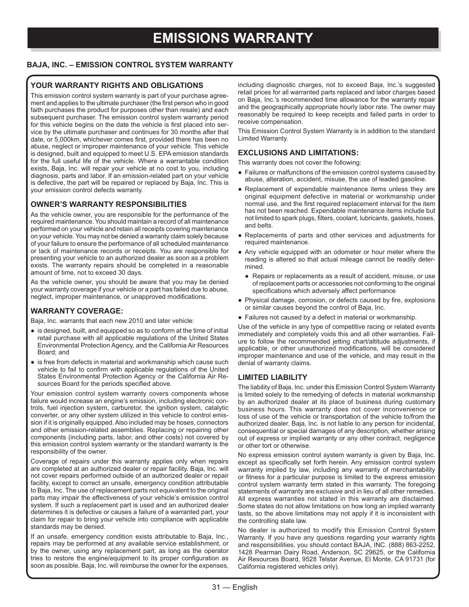 Emissions warranty | Baja Motorsports AT250UT Operator's Manual User Manual | Page 31 / 64