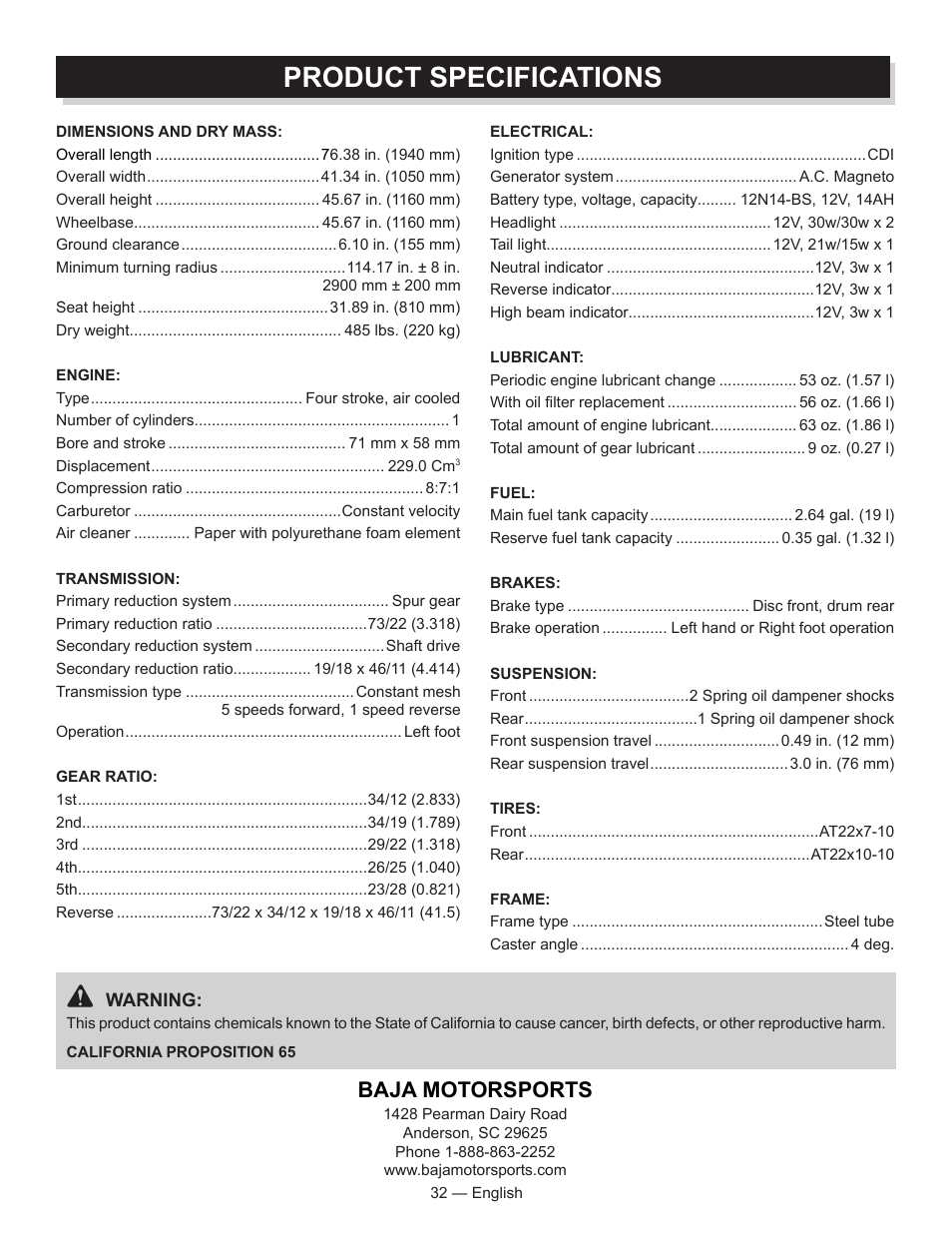 Product specifications, Baja motorsports | Baja Motorsports AT250UT Operator's Manual User Manual | Page 32 / 64