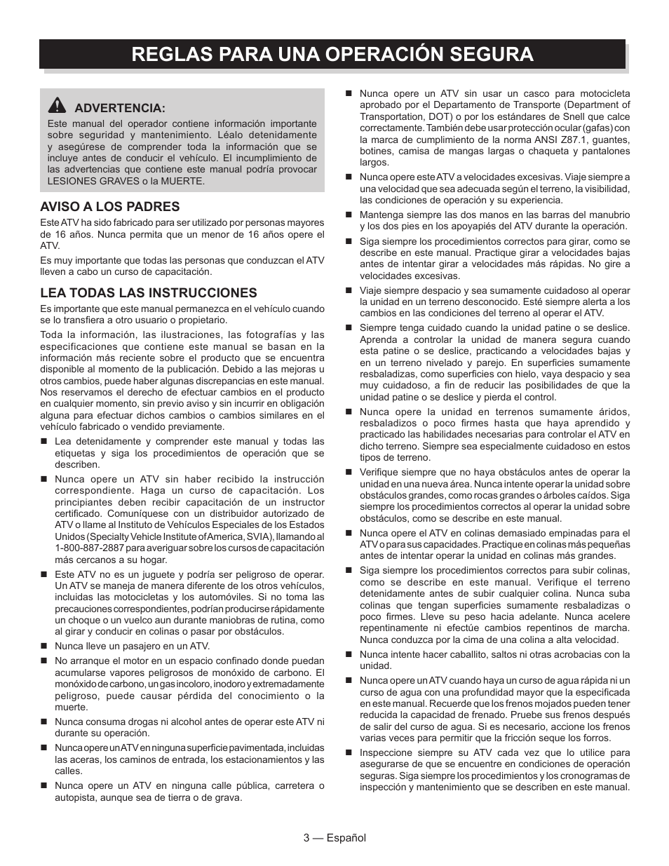 Reglas para una operación segura, Aviso a los padres, Lea todas las instrucciones | Baja Motorsports AT250UT Operator's Manual User Manual | Page 34 / 64