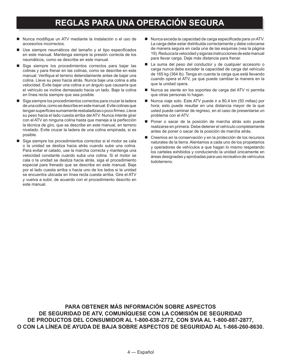 Reglas para una operación segura | Baja Motorsports AT250UT Operator's Manual User Manual | Page 35 / 64