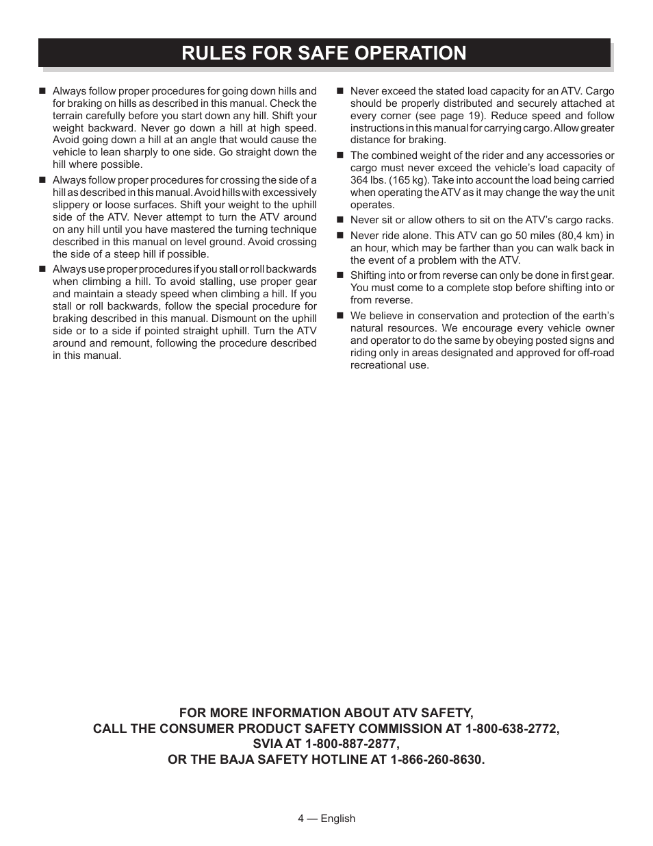 Rules for safe operation | Baja Motorsports AT250UT Operator's Manual User Manual | Page 4 / 64