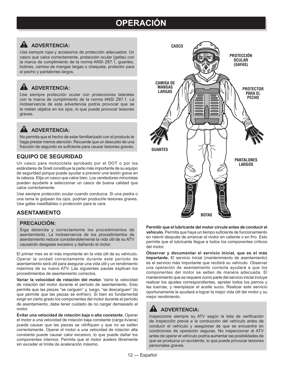 Operación, Equipo de seguridad, Asentamiento | Baja Motorsports AT250UT Operator's Manual User Manual | Page 43 / 64