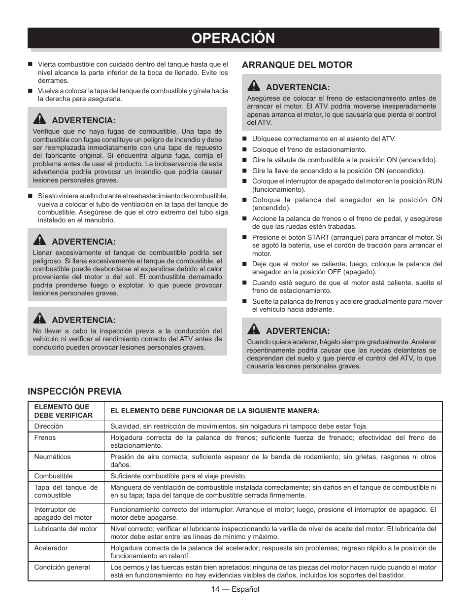 Operación, Arranque del motor, Inspección previa | Baja Motorsports AT250UT Operator's Manual User Manual | Page 45 / 64