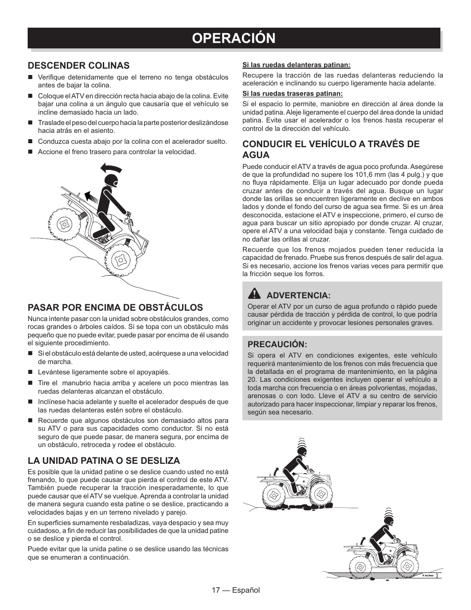 Operación, Descender colinas, Conducir el vehículo a través de agua | Pasar por encima de obstáculos, La unidad patina o se desliza | Baja Motorsports AT250UT Operator's Manual User Manual | Page 48 / 64