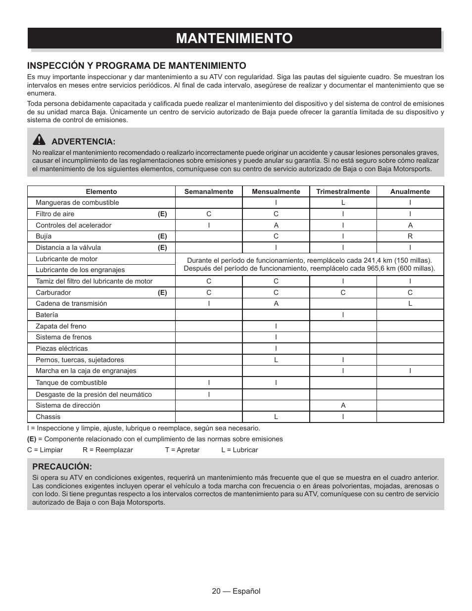 Mantenimiento, Inspección y programa de mantenimiento | Baja Motorsports AT250UT Operator's Manual User Manual | Page 51 / 64