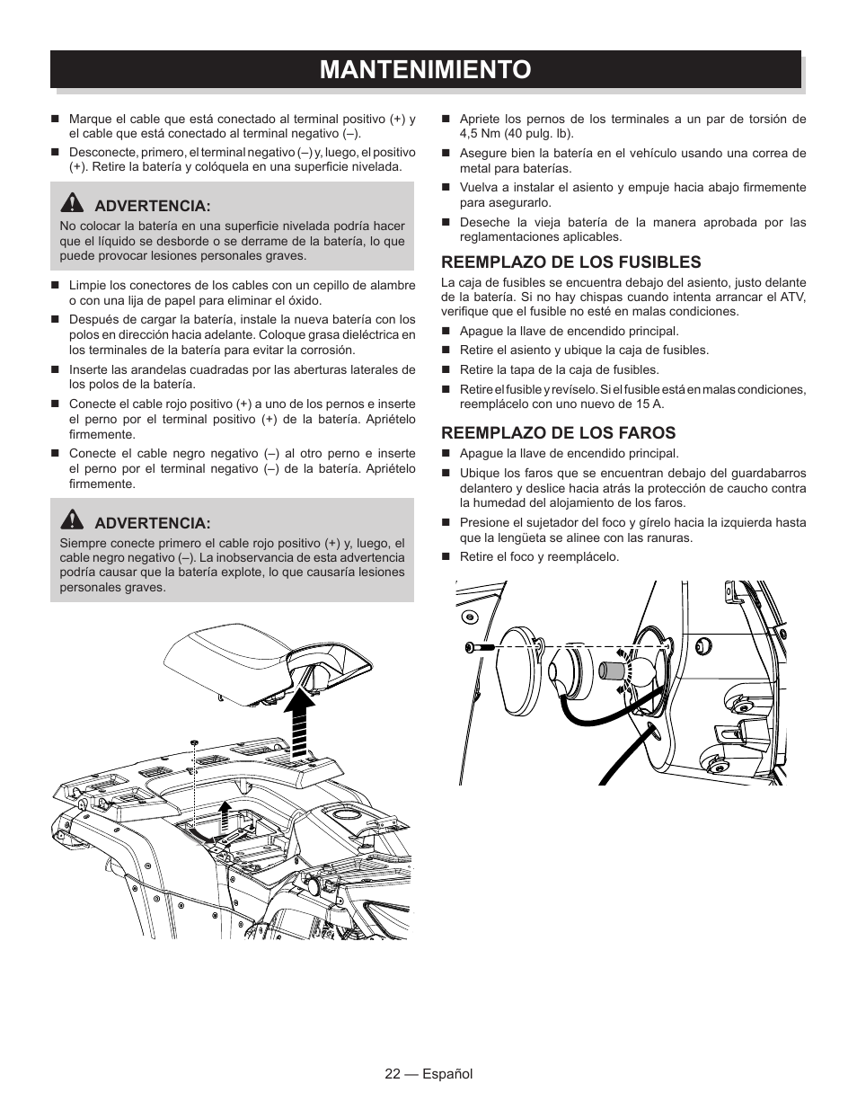 Mantenimiento, Reemplazo de los fusibles, Reemplazo de los faros | Baja Motorsports AT250UT Operator's Manual User Manual | Page 53 / 64