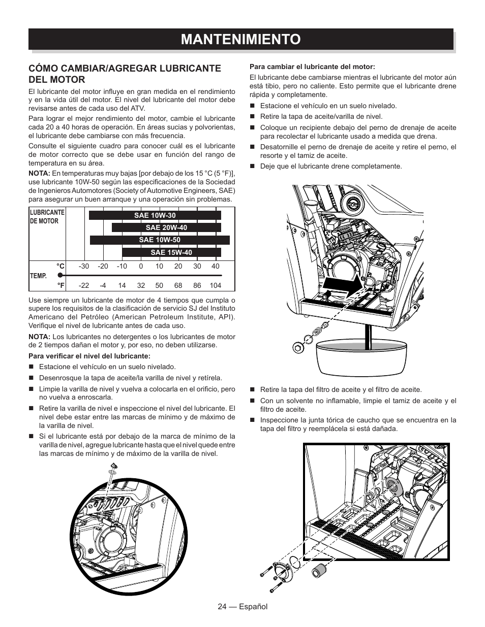 Mantenimiento, Cómo cambiar/agregar lubricante del motor | Baja Motorsports AT250UT Operator's Manual User Manual | Page 55 / 64