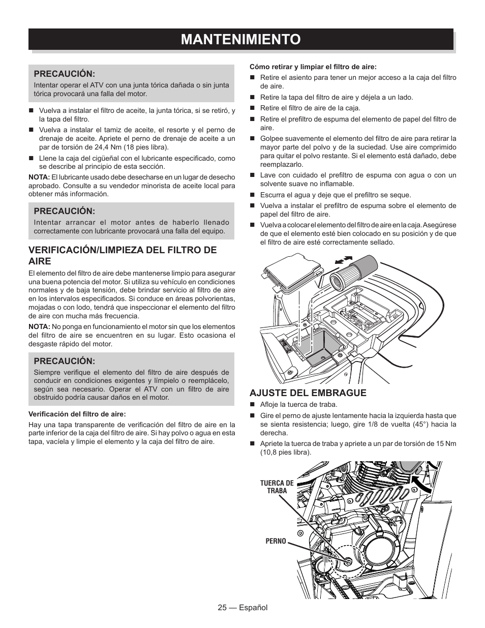 Mantenimiento, Ajuste del embrague, Verificación/limpieza del filtro de aire | Baja Motorsports AT250UT Operator's Manual User Manual | Page 56 / 64