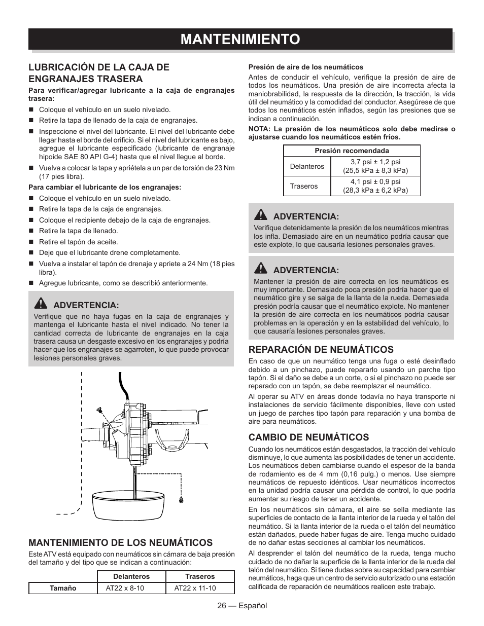 Mantenimiento, Lubricación de la caja de engranajes trasera, Reparación de neumáticos | Cambio de neumáticos, Mantenimiento de los neumáticos | Baja Motorsports AT250UT Operator's Manual User Manual | Page 57 / 64