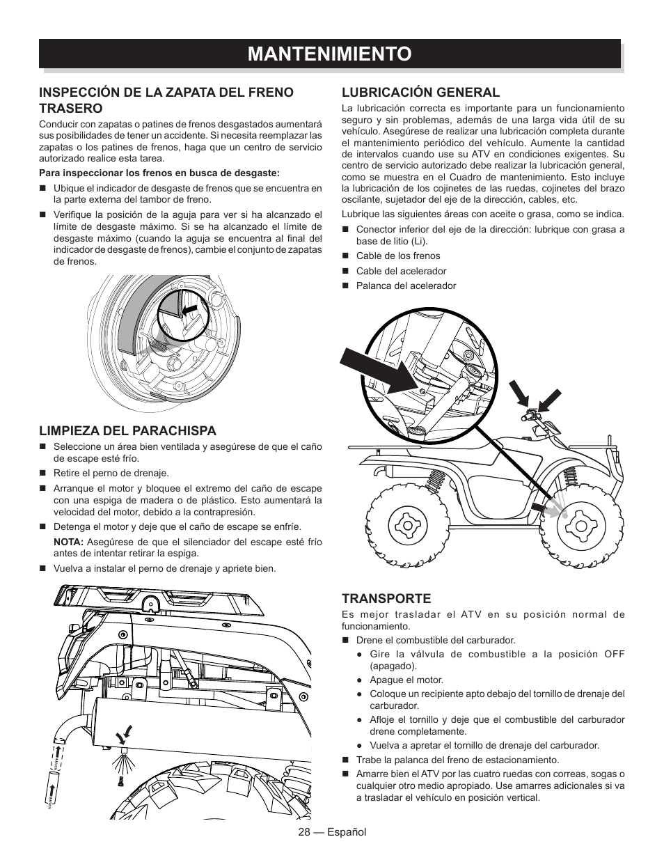 Mantenimiento, Limpieza del parachispa, Lubricación general | Inspección de la zapata del freno trasero, Transporte | Baja Motorsports AT250UT Operator's Manual User Manual | Page 59 / 64