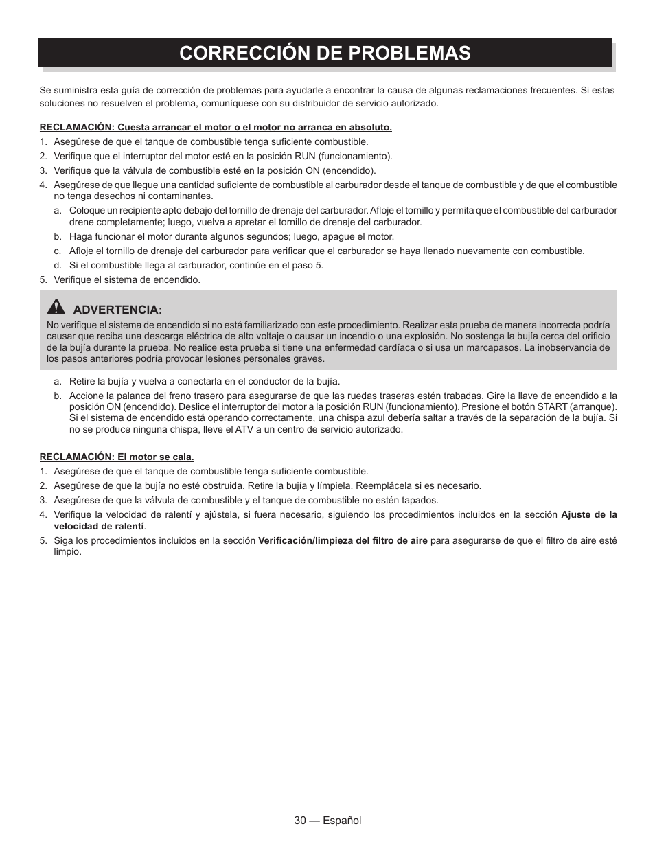 Corrección de problemas | Baja Motorsports AT250UT Operator's Manual User Manual | Page 61 / 64