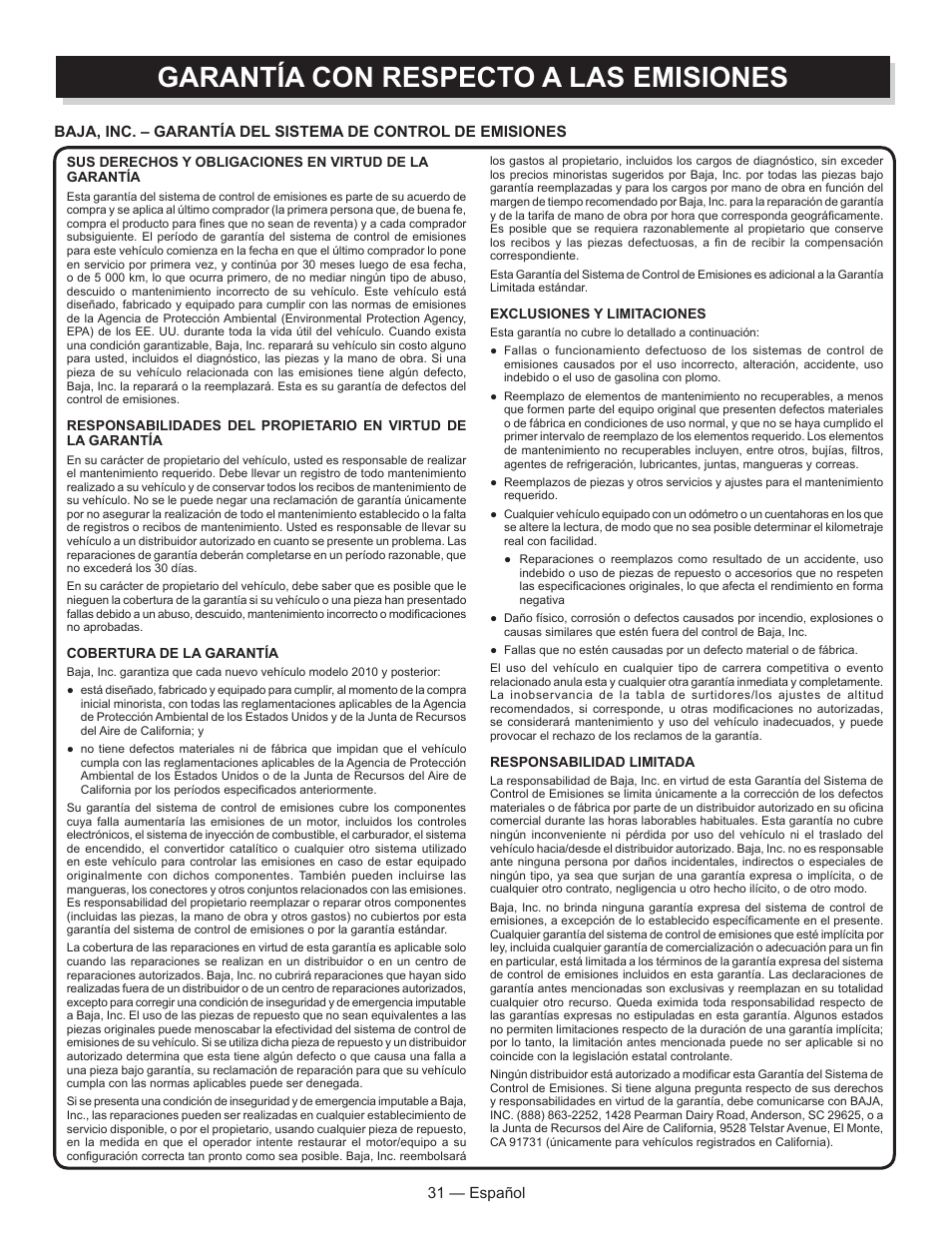 Garantía con respecto a las emisiones | Baja Motorsports AT250UT Operator's Manual User Manual | Page 62 / 64