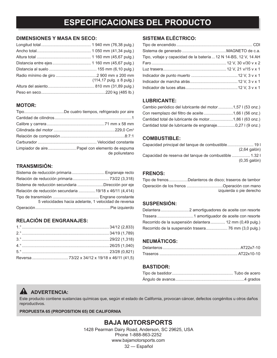 Especificaciones del producto, Baja motorsports | Baja Motorsports AT250UT Operator's Manual User Manual | Page 63 / 64
