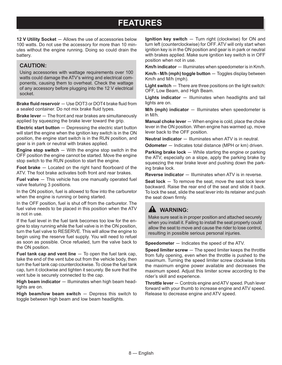 Features | Baja Motorsports AT250UT Operator's Manual User Manual | Page 8 / 64