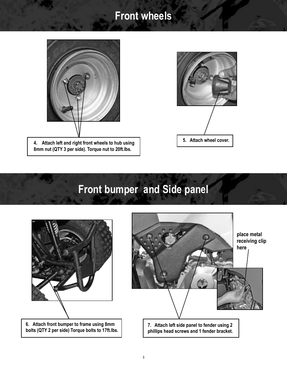 Front wheels front bumper and side panel | Baja Motorsports BA49 Assembly Guide User Manual | Page 3 / 7