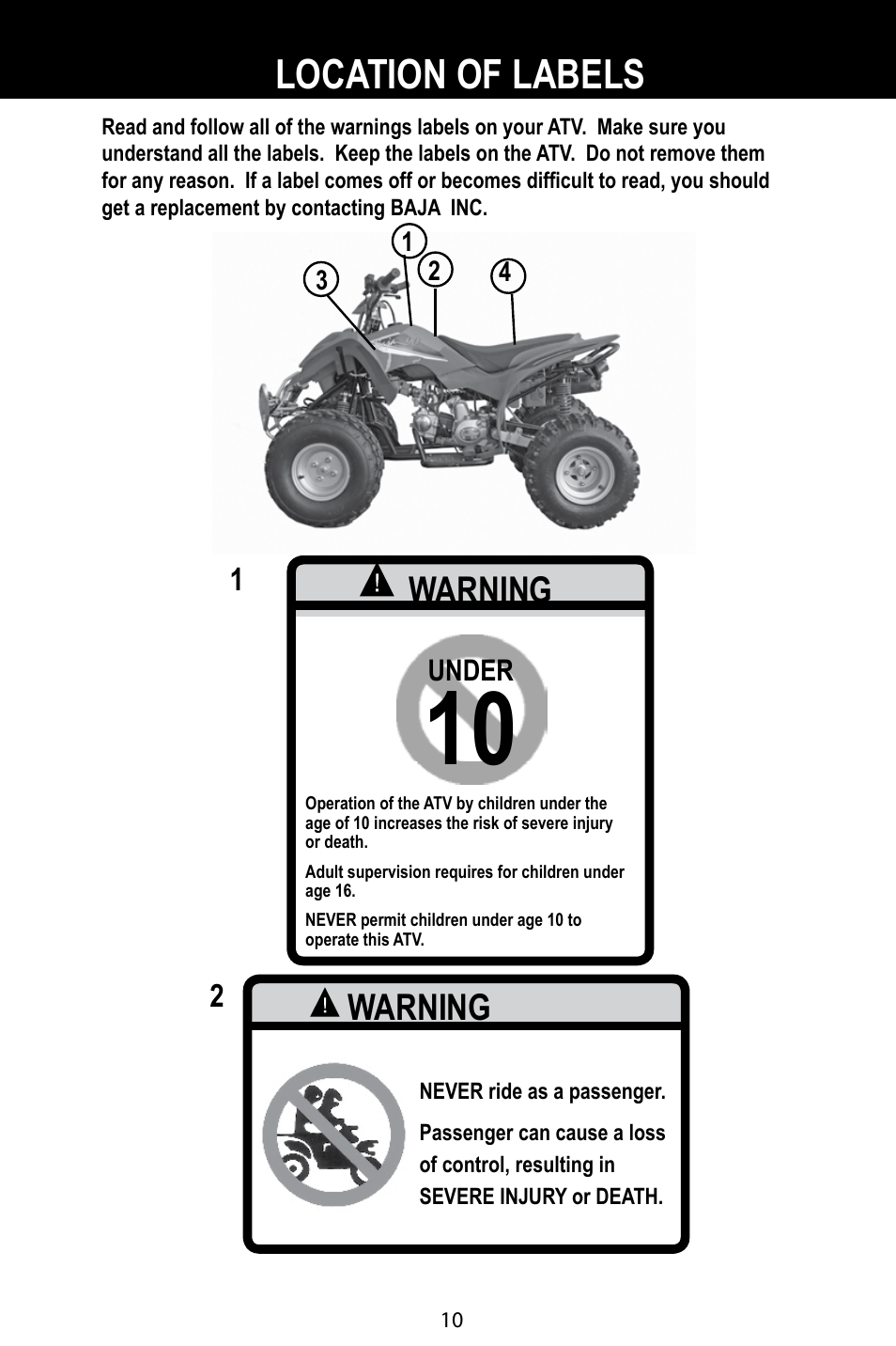 Location of labels, Warning | Baja Motorsports BA90-2 User Manual | Page 14 / 83