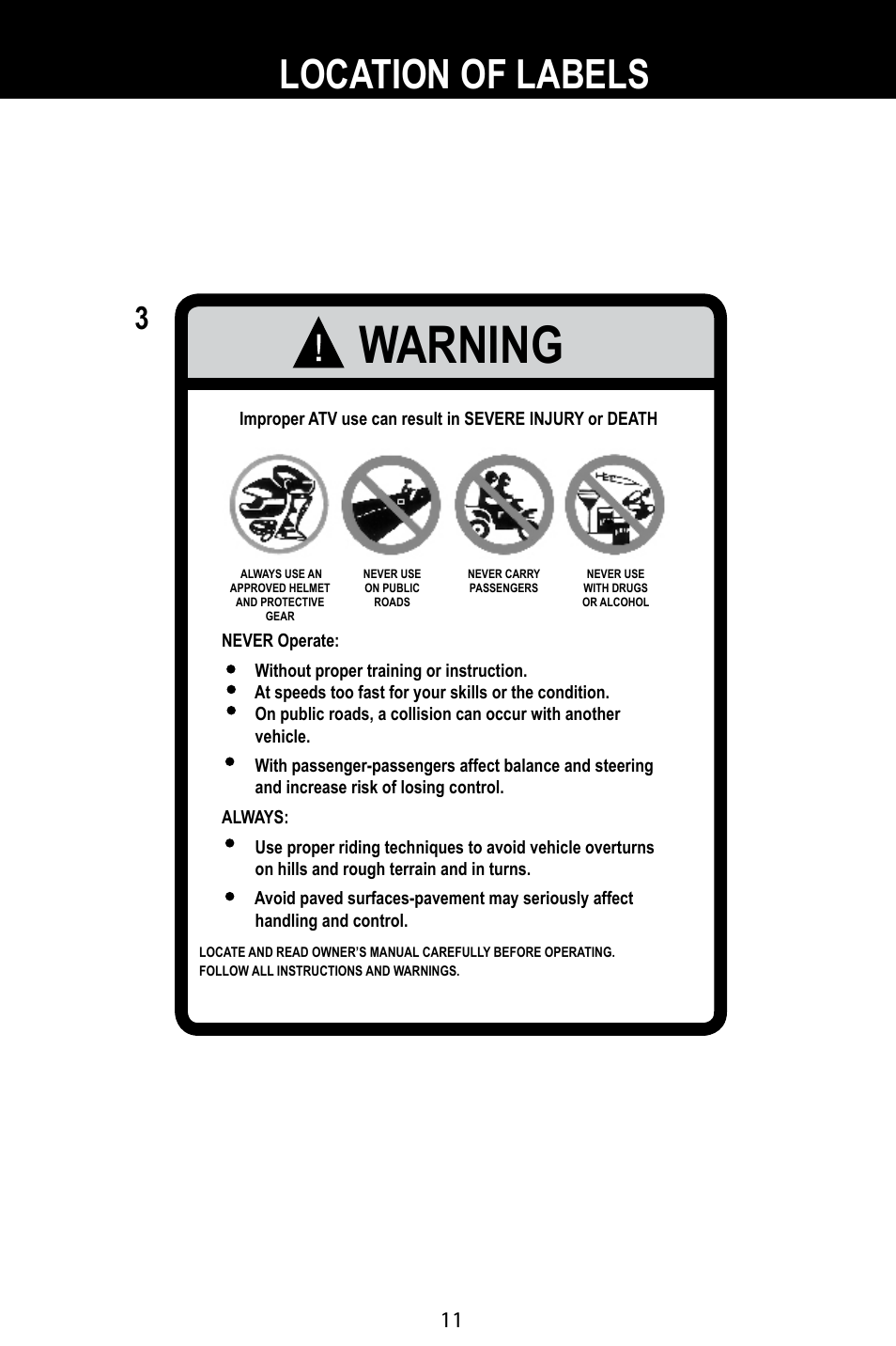 Warning, Location of labels | Baja Motorsports BA90-2 User Manual | Page 15 / 83