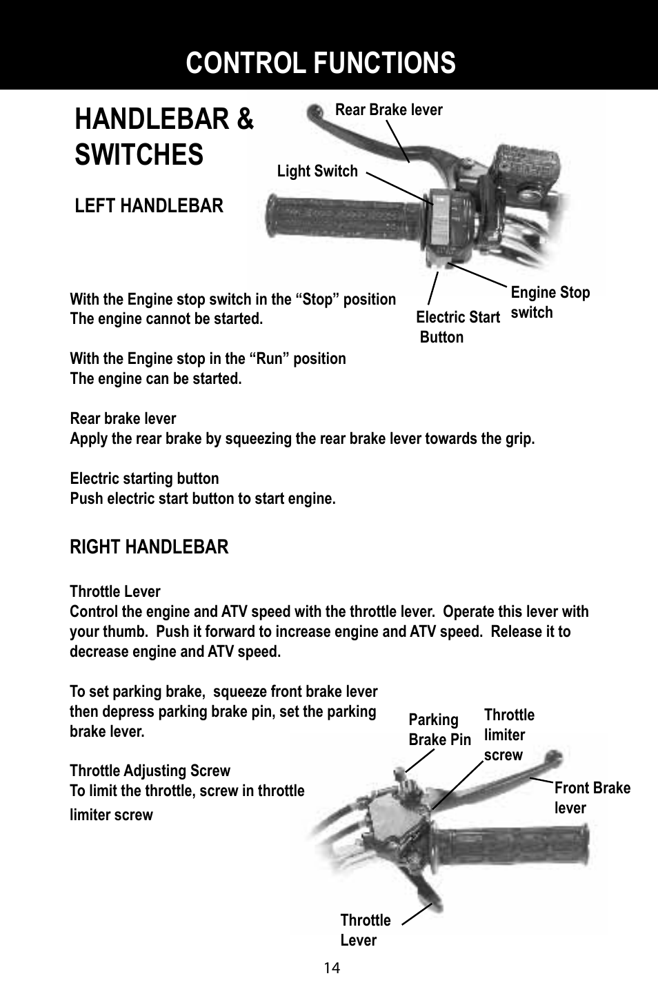 Control functions, Handlebar & switches | Baja Motorsports BA90-2 User Manual | Page 18 / 83