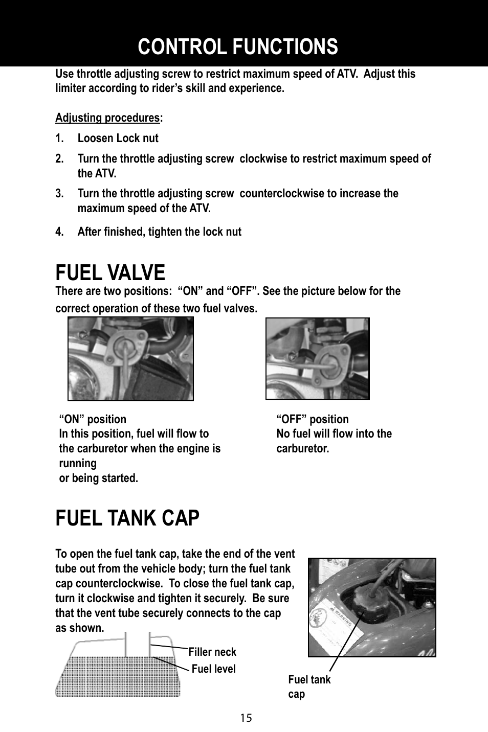 Fuel valve, Fuel tank cap, Control functions | Baja Motorsports BA90-2 User Manual | Page 19 / 83