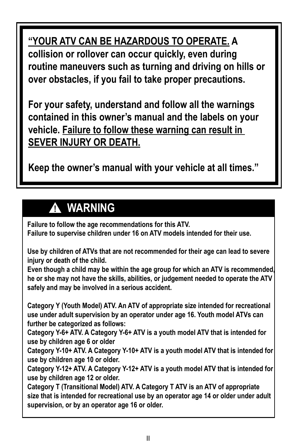 Warning | Baja Motorsports BA90-2 User Manual | Page 2 / 83