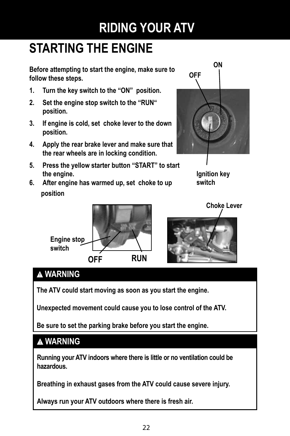 Starting the engine, Riding your atv | Baja Motorsports BA90-2 User Manual | Page 26 / 83