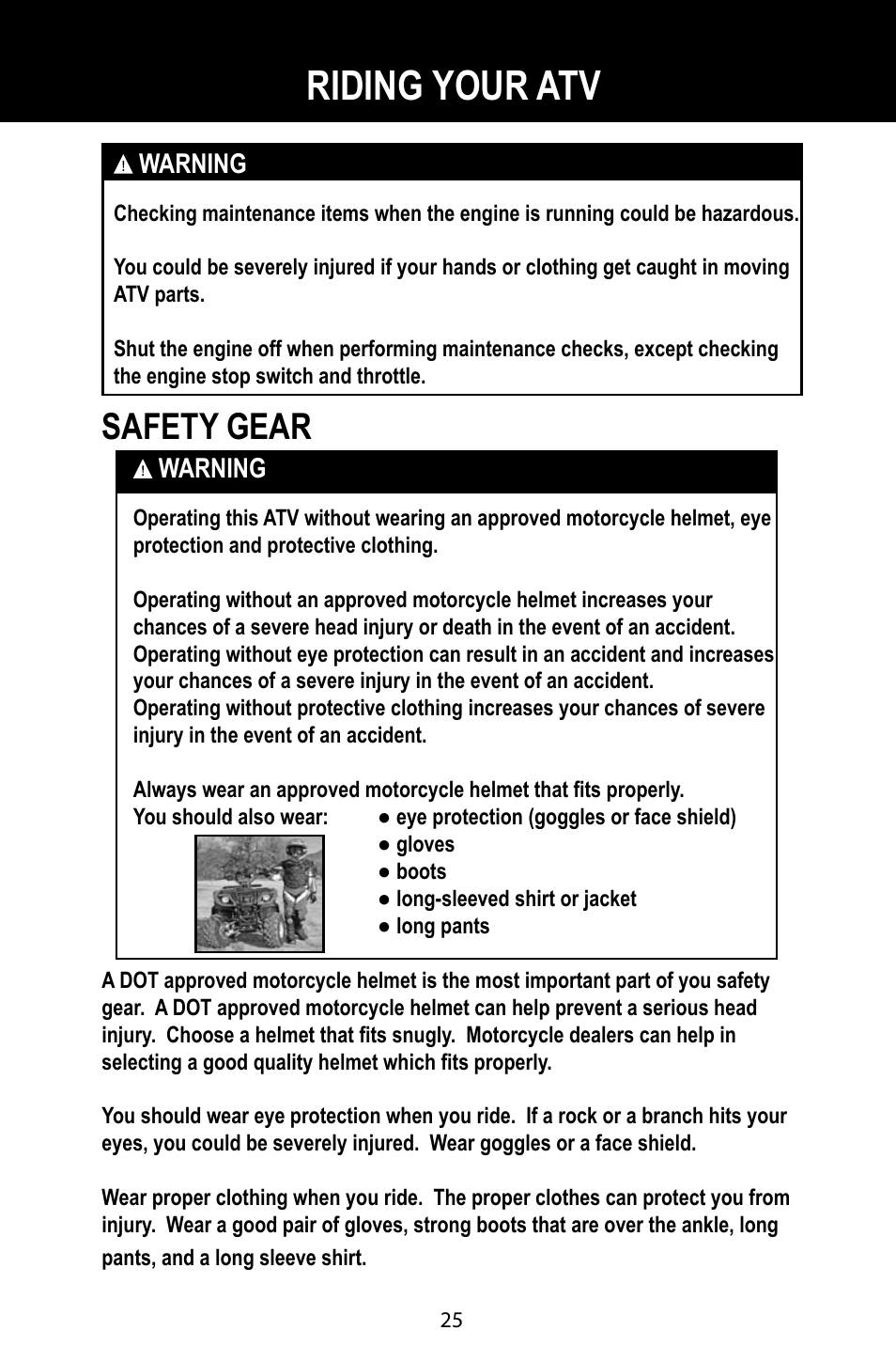 Riding your atv, Safety gear | Baja Motorsports BA90-2 User Manual | Page 29 / 83