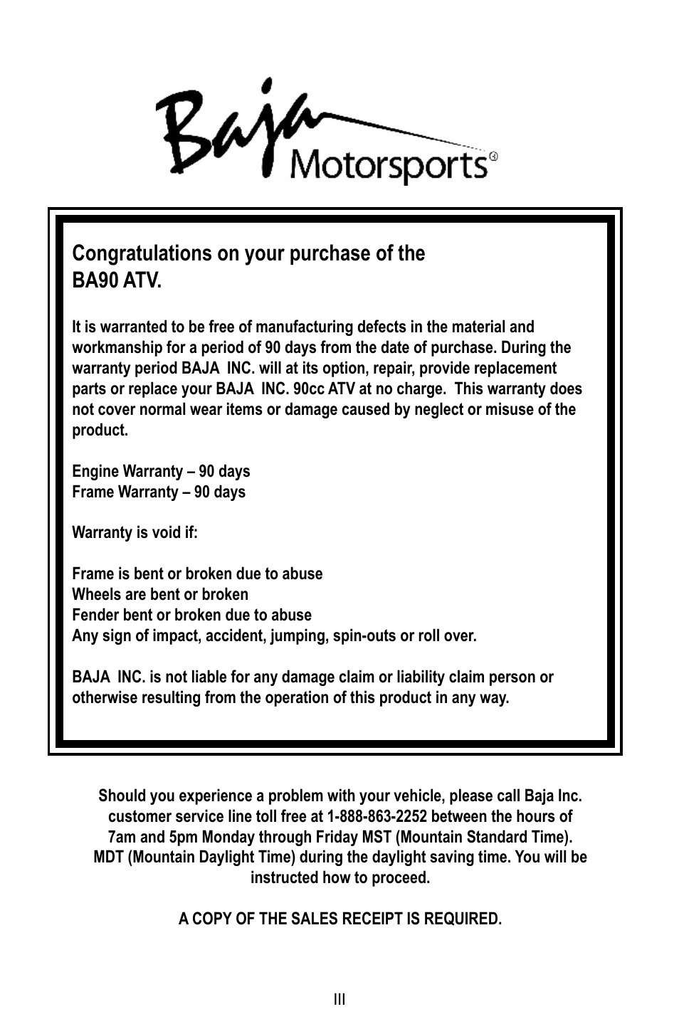 Baja Motorsports BA90-2 User Manual | Page 3 / 83