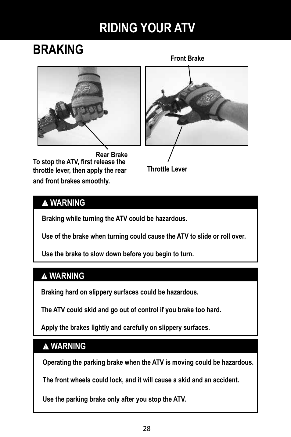 Braking, Riding your atv | Baja Motorsports BA90-2 User Manual | Page 32 / 83