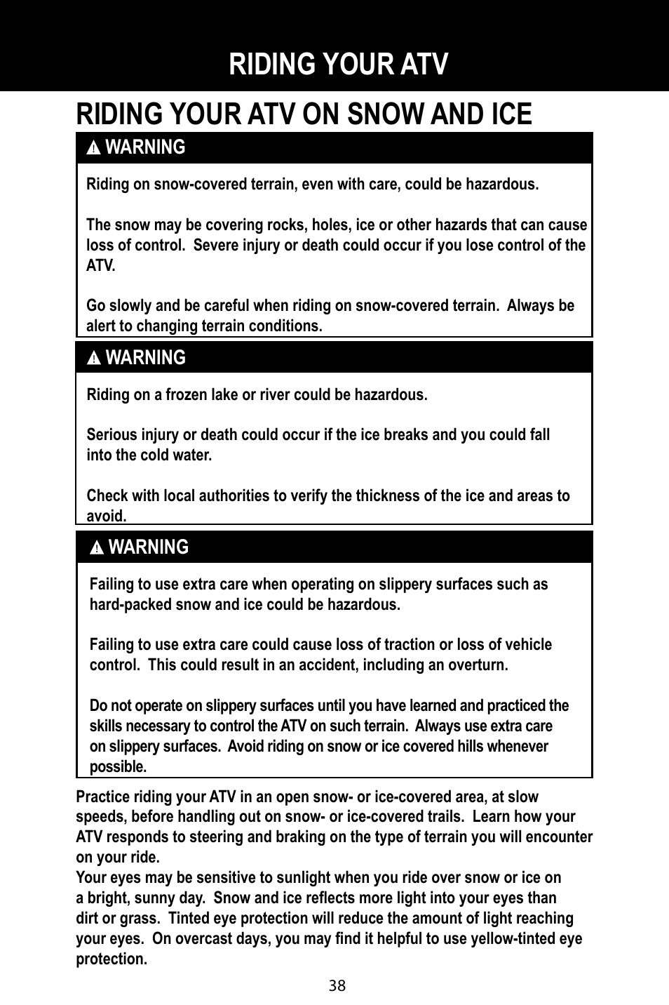 Riding your atv on snow and ice, Riding your atv | Baja Motorsports BA90-2 User Manual | Page 42 / 83