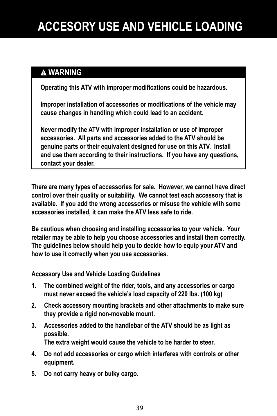 Accesory use and vehicle loading | Baja Motorsports BA90-2 User Manual | Page 43 / 83